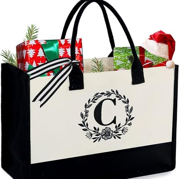 Monogram Initial Canvas Bag with Inner Zipper Pocket Embroidery Personalized Bag - Picture 1 of 5